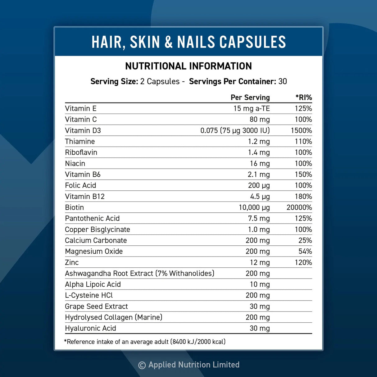 Applied Nutrition Hair, Skin & Nails, (BİOTİN+B12+MAGNESİUM OXİD+GRAPE+COLLAGEN+FOLİC ACİD 60 Caps