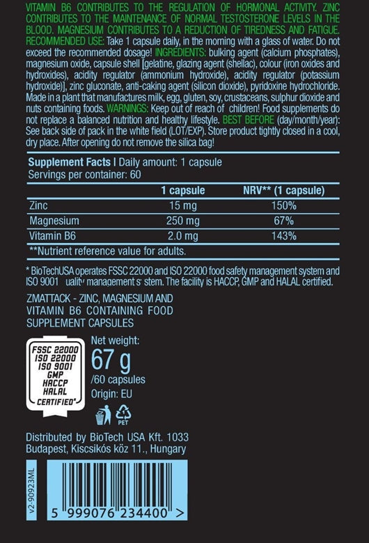 BioTechUSA ZMB+ZMA Capsules - Hormone Optimiser with Zinc, Magnesium Vitamin B6 - Testo Support, 60
