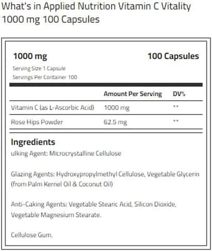 Applied Nutrition Vitamin C Rose hips Ascorbic acid 1000mg 100 Caps