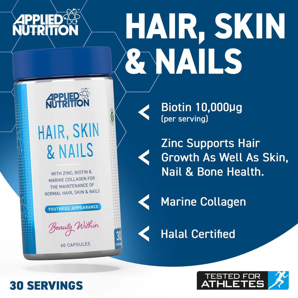 Applied Nutrition Hair, Skin & Nails, (BİOTİN+B12+MAGNESİUM OXİD+GRAPE+COLLAGEN+FOLİC ACİD 60 Caps