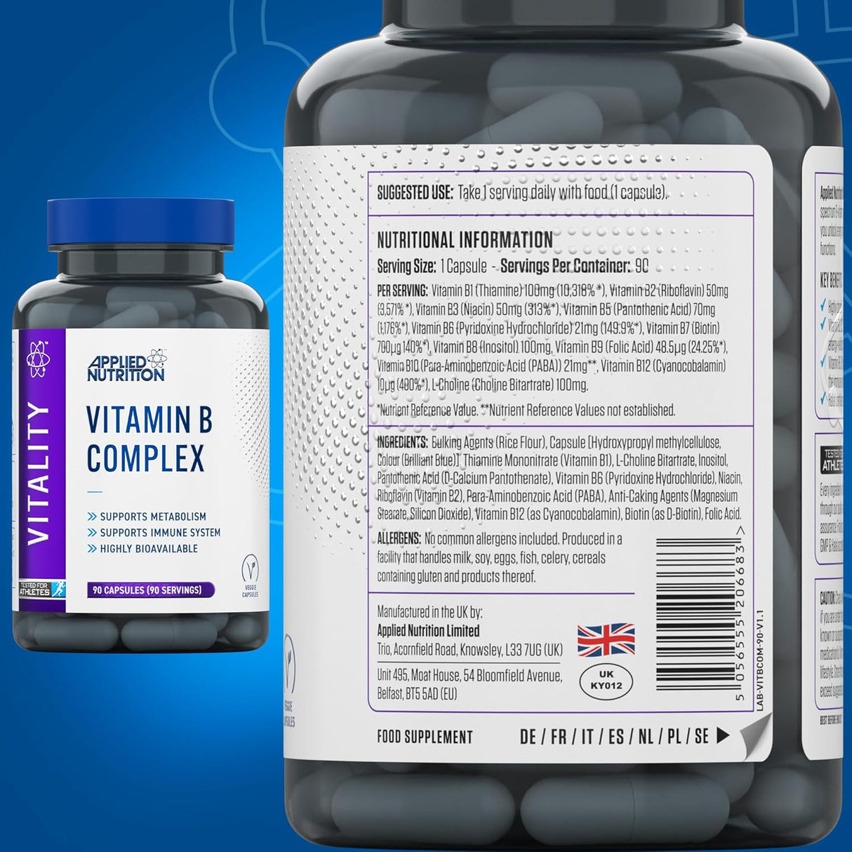 Applied Nutrition Vitamin B Complex B1, B2, B3, B5, B6, B12, Biotin&Folic Acid Immune 90 Caps