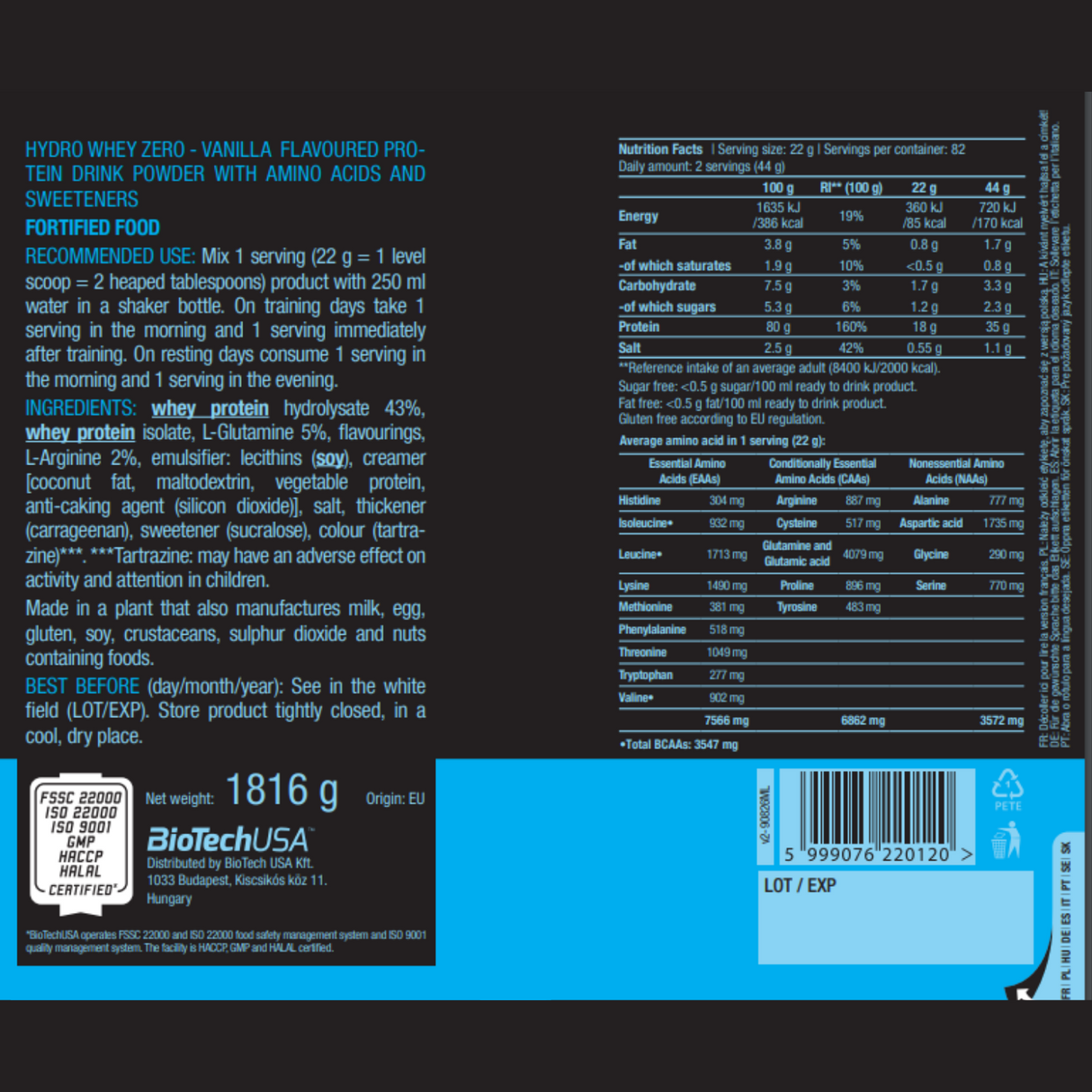 Biotech USA Hydro Whey Protein Zero - 1816 g
