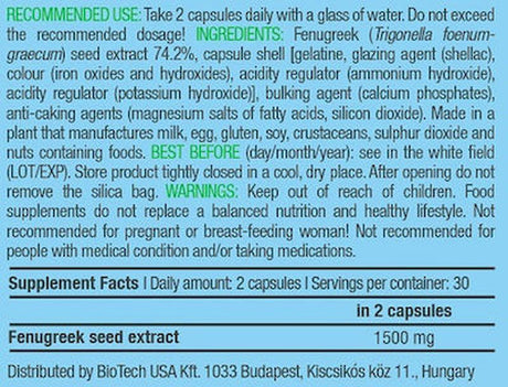 BioTech USA Fenugreek 1500 Çemen otu tozu 60 capsules